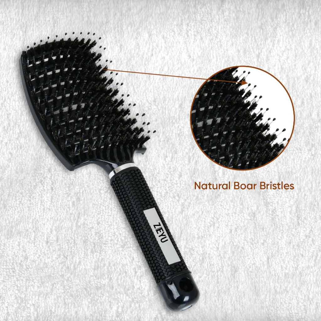 ZEYU Detangler Big Curved Brush With Natural Boar Bristles- Black