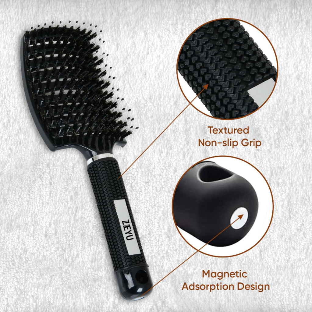 ZEYU Detangler Big Curved Brush With Natural Boar Bristles- Black
