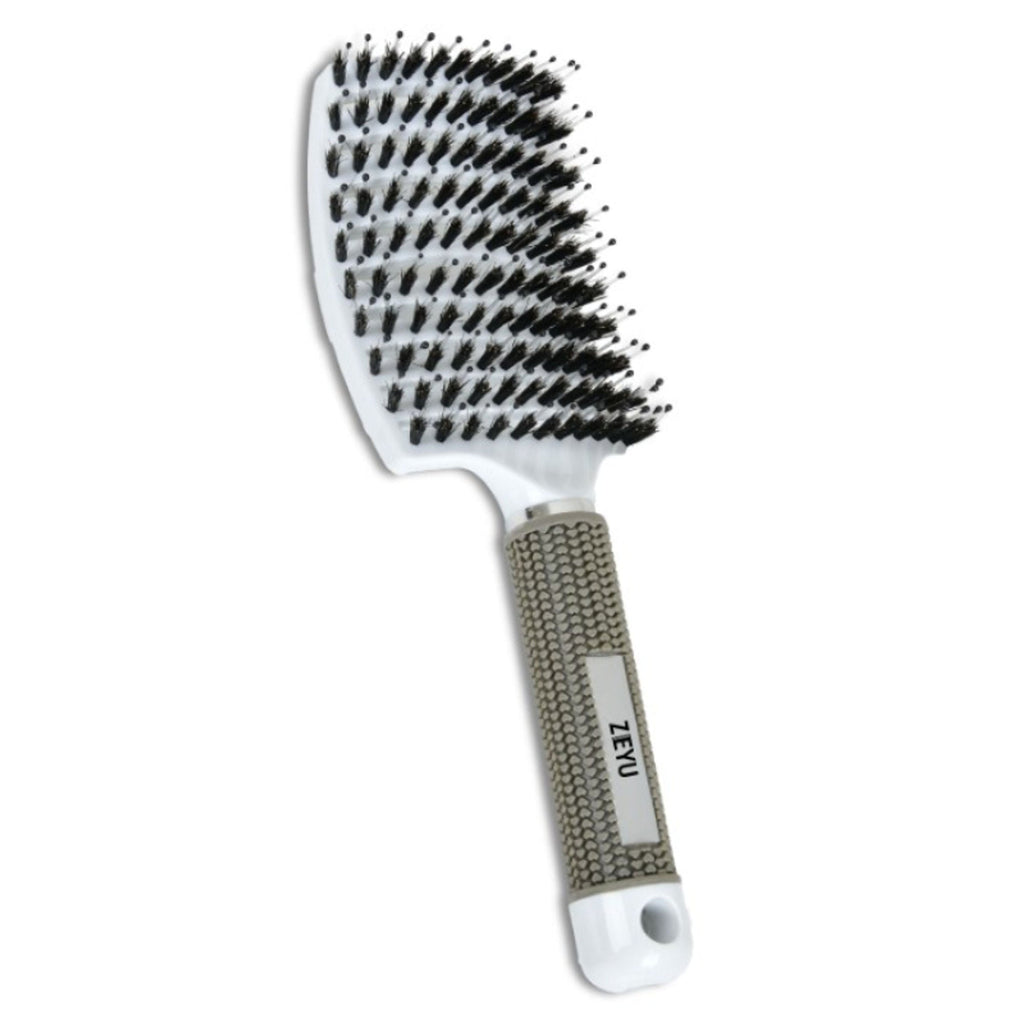 ZEYU Detangler Big Curved Brush With Natural Boar Bristles - White