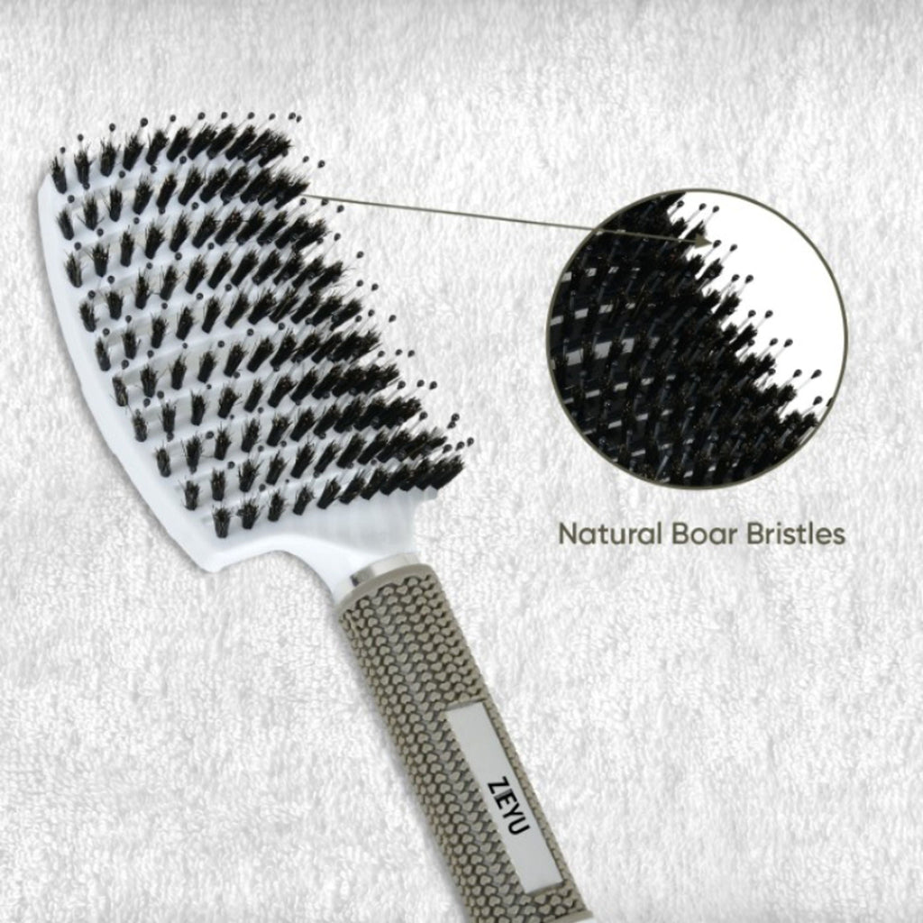 ZEYU Detangler Big Curved Brush With Natural Boar Bristles - White