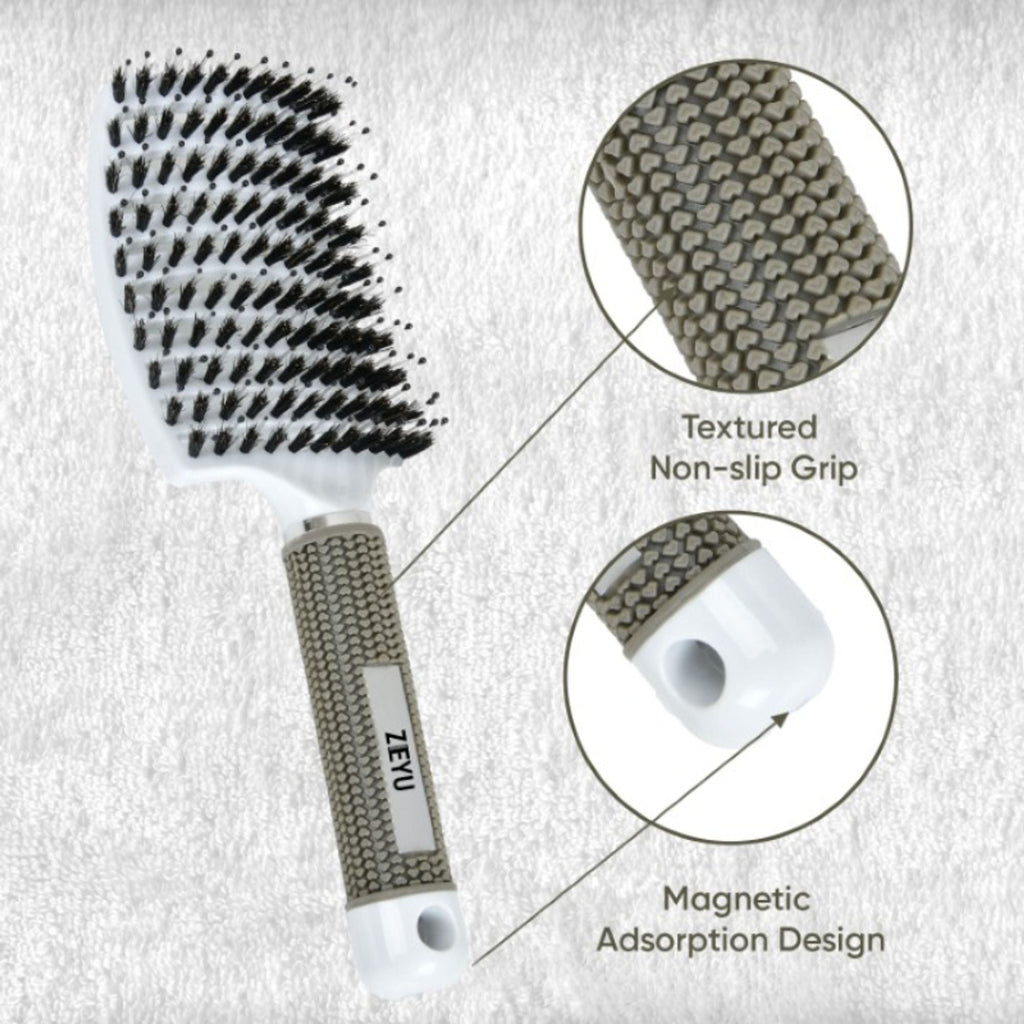 ZEYU Detangler Big Curved Brush With Natural Boar Bristles - White
