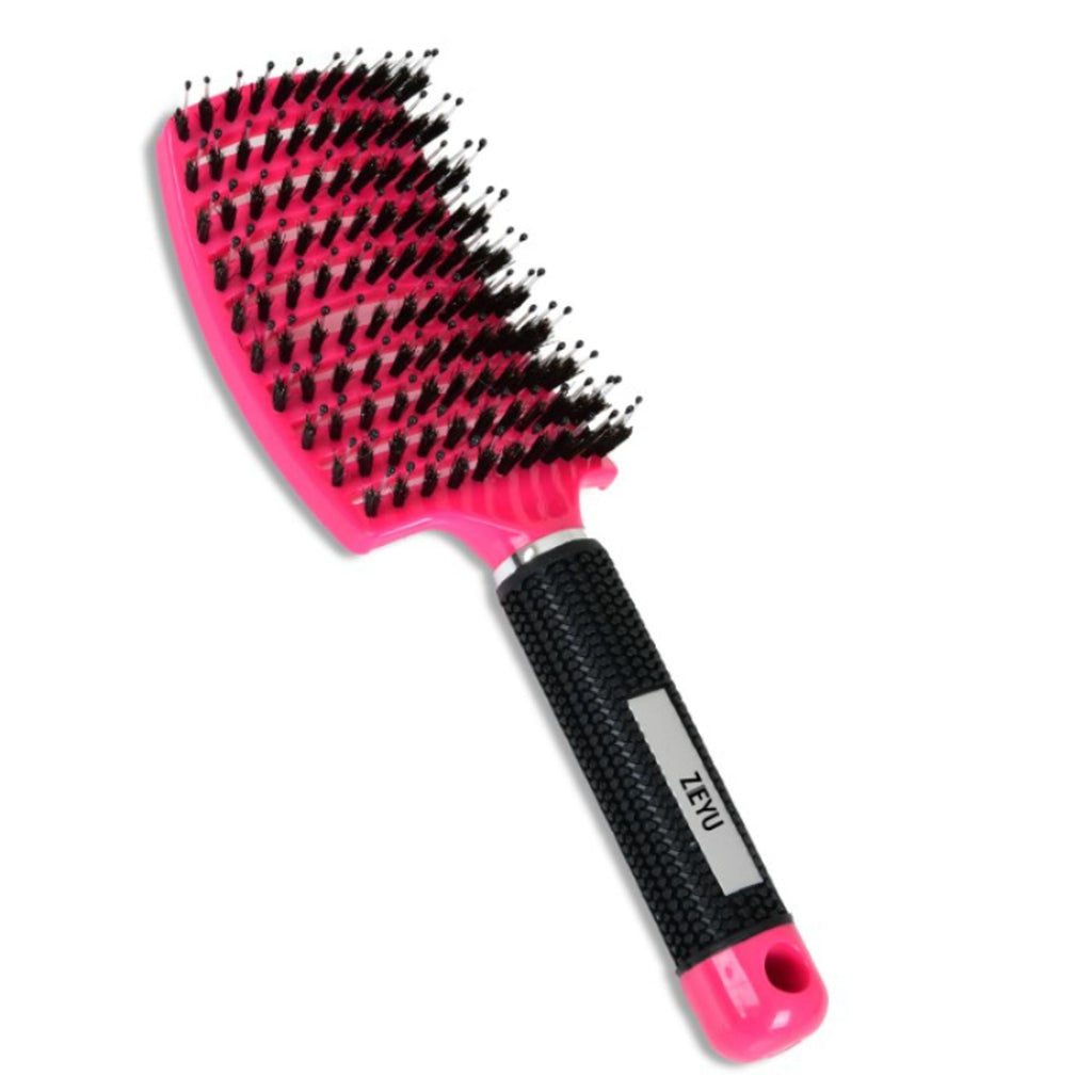 ZEYU Detangler Big Curved Brush With Natural Boar Bristles - Rose Red