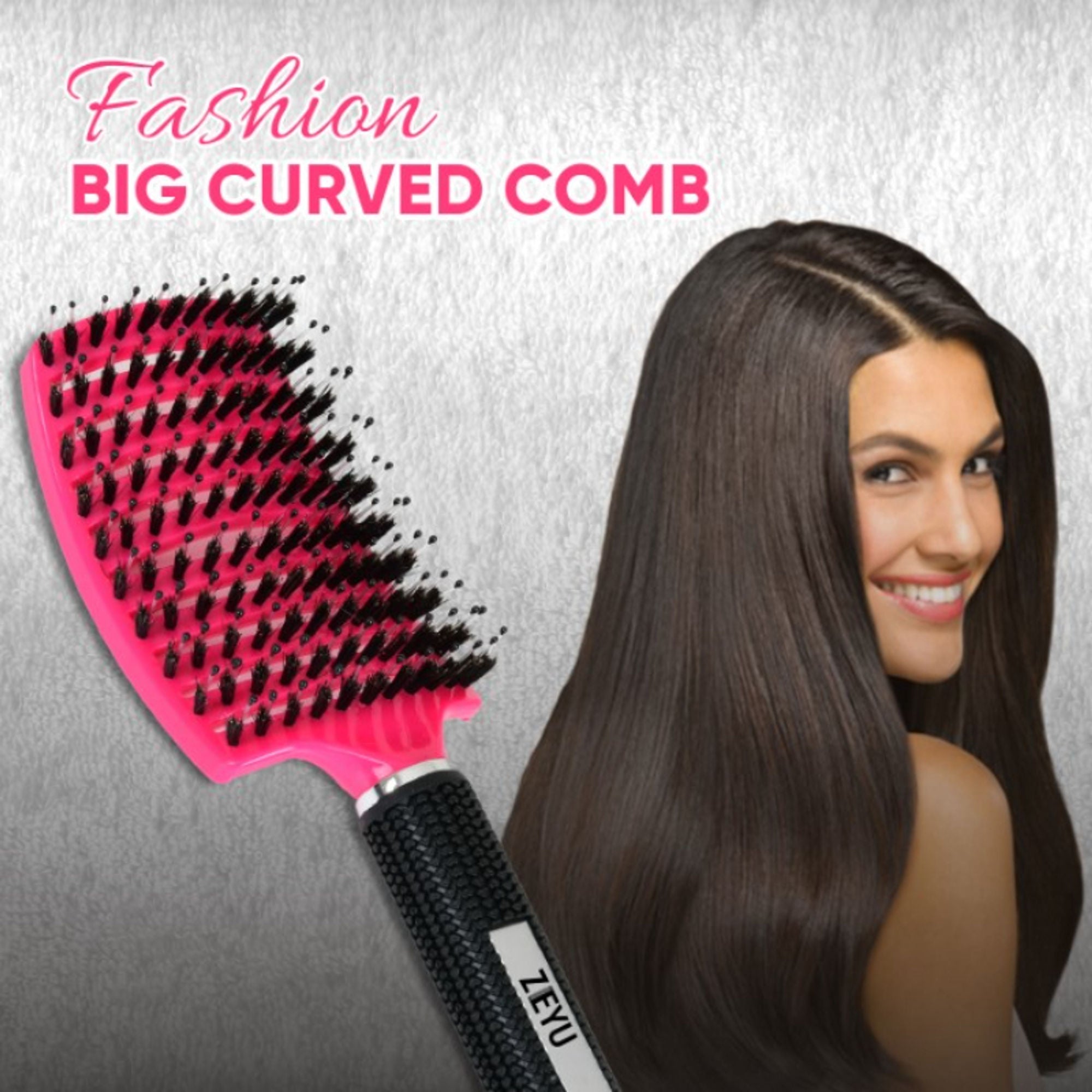 ZEYU Detangler Big Curved Brush With Natural Boar Bristles - Rose Red