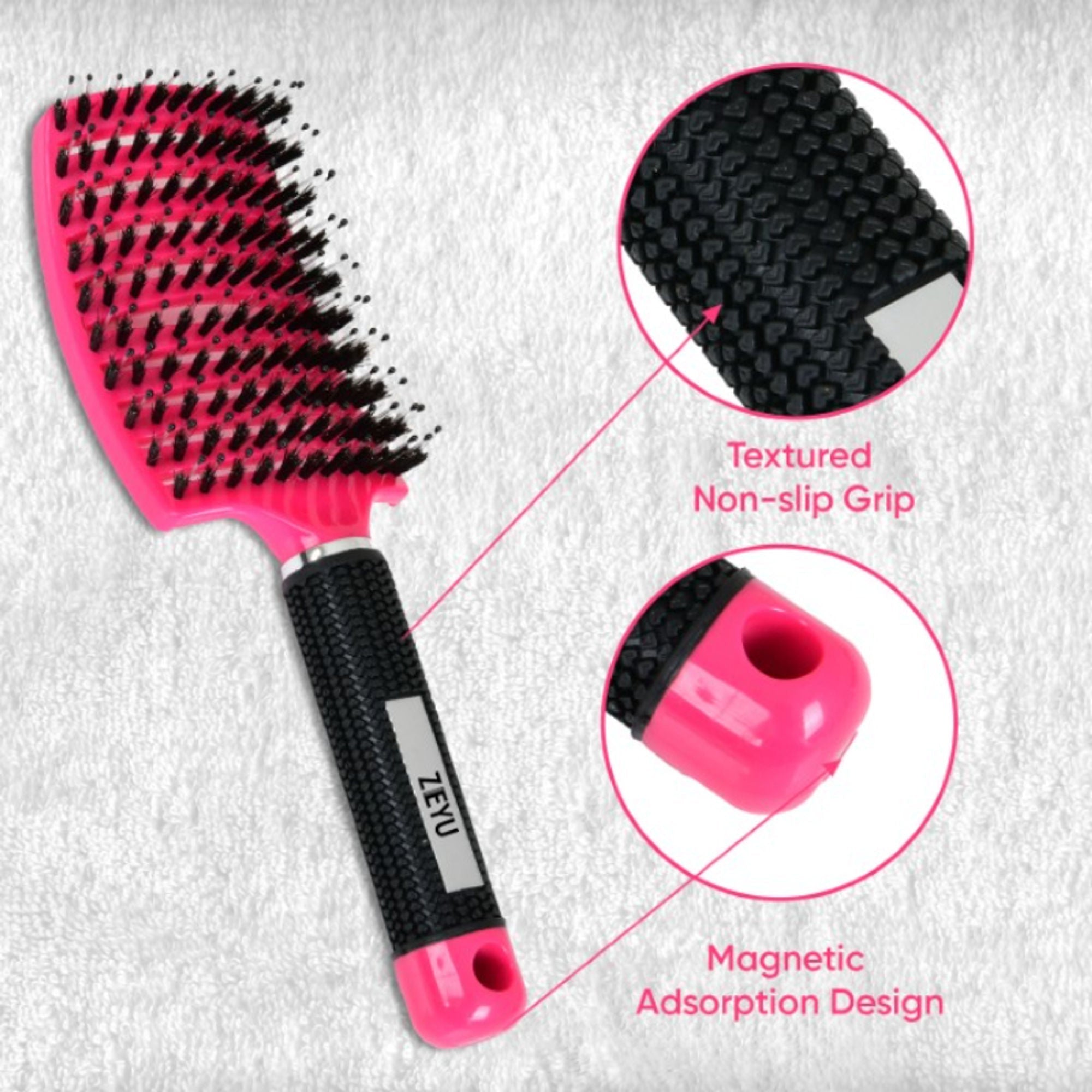 ZEYU Detangler Big Curved Brush With Natural Boar Bristles - Rose Red