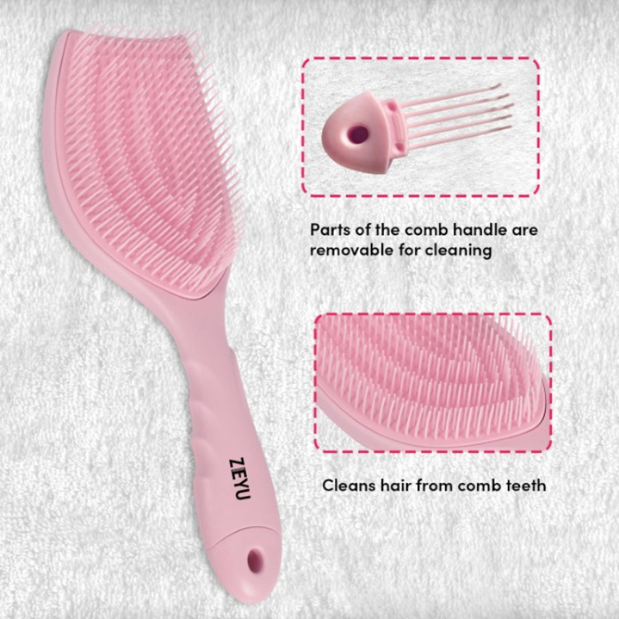 ZEYU Detangler Hairbrush with Removable Cleaning Brush - Pink