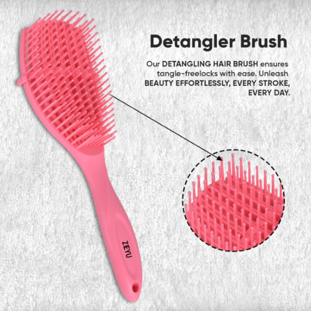 ZEYU Detangler Hairbrush for Curly Hair – 8-Row Flexible & Soft Nylon Bristles - Pink