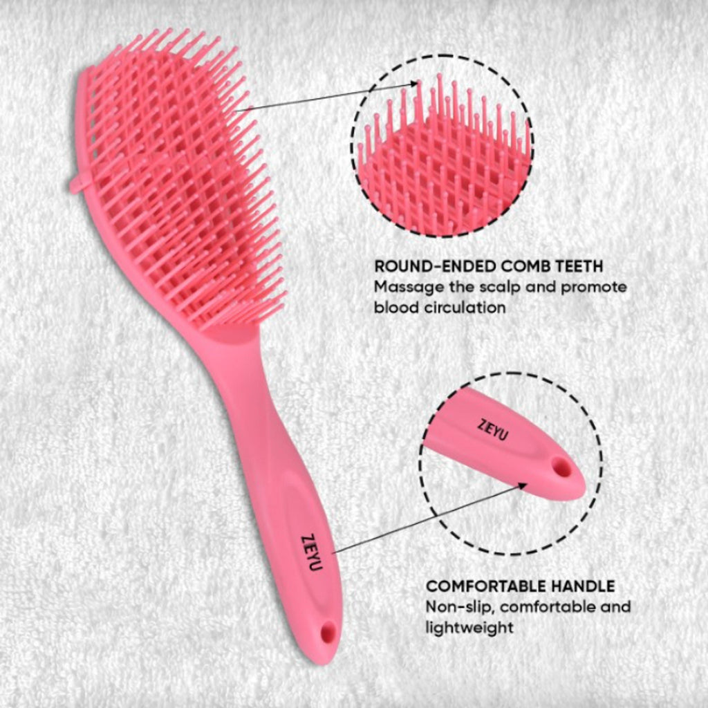ZEYU Detangler Hairbrush for Curly Hair – 8-Row Flexible & Soft Nylon Bristles - Pink