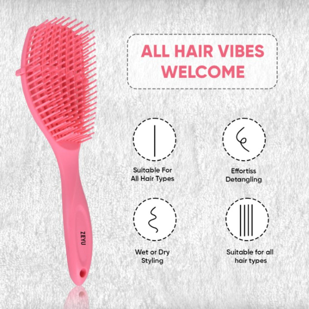 ZEYU Detangler Hairbrush for Curly Hair – 8-Row Flexible & Soft Nylon Bristles - Pink