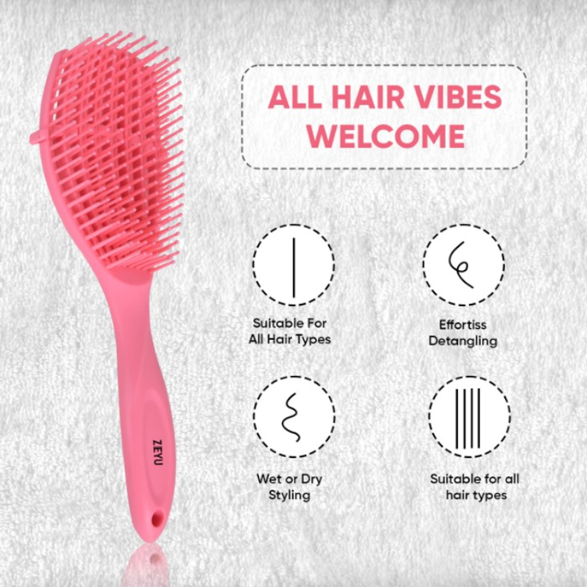 ZEYU Detangler Hairbrush for Curly Hair – 8-Row Flexible & Soft Nylon Bristles - Pink