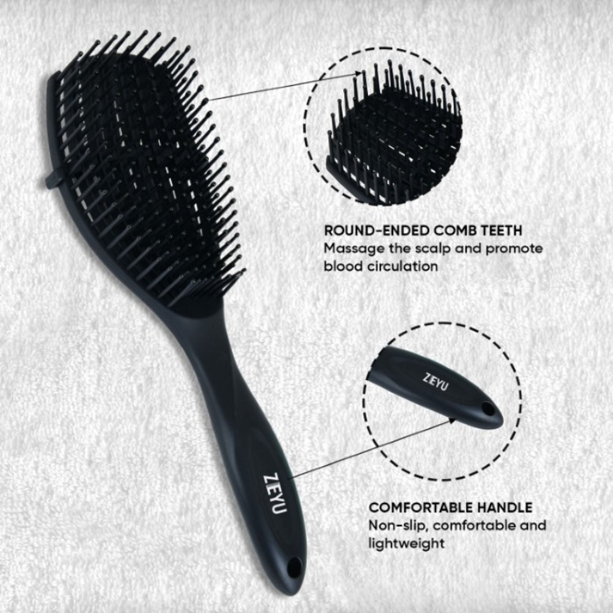 ZEYU Detangler Hairbrush for Curly Hair – 8-Row Flexible & Soft Nylon Bristles - Black