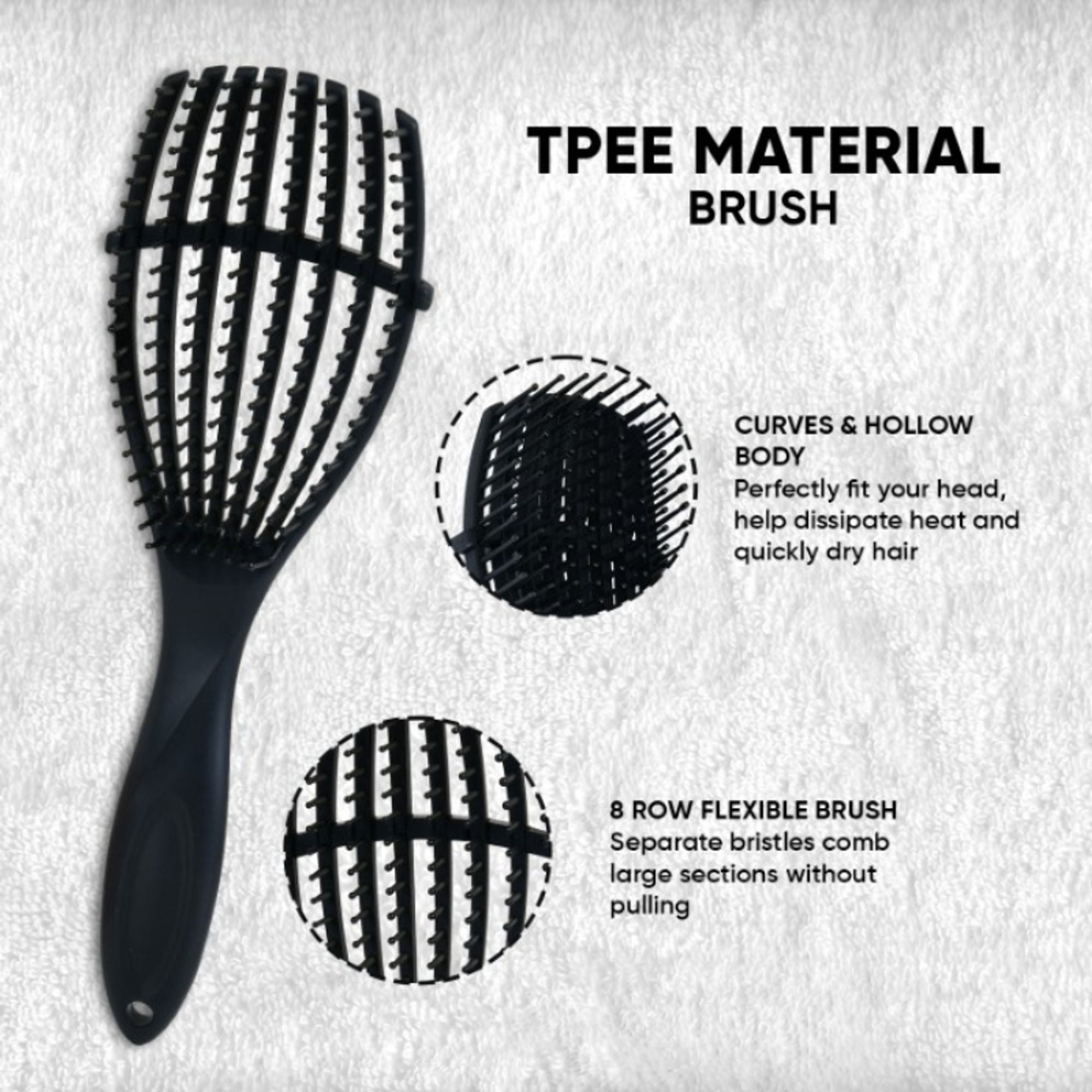 ZEYU Detangler Hairbrush for Curly Hair – 8-Row Flexible & Soft Nylon Bristles - Black