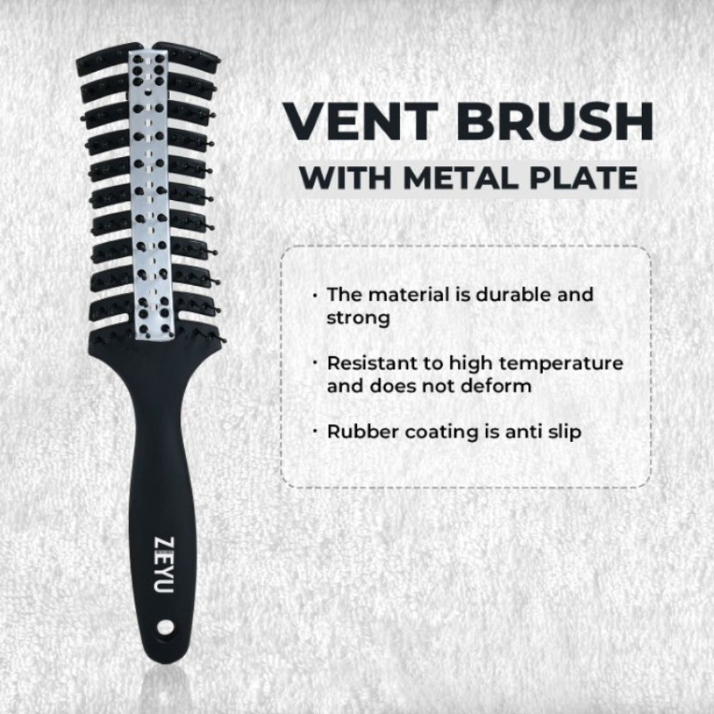 ZEYU Vented HairBrush With Metal Plate & Bristles- Black Silver
