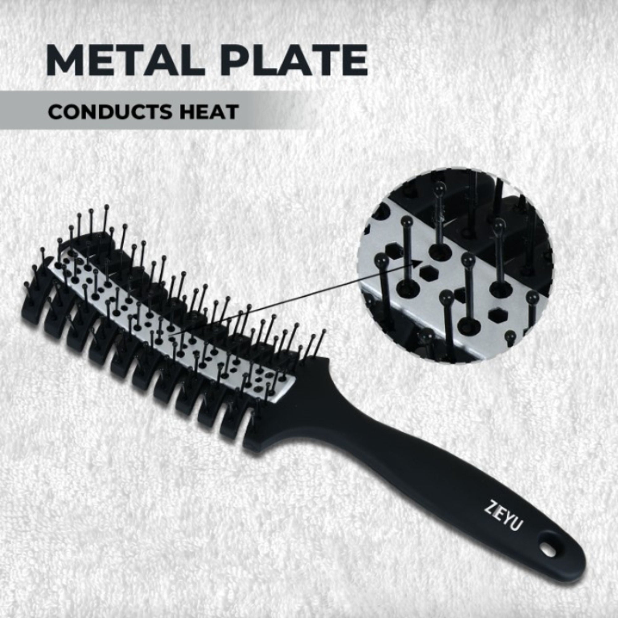 ZEYU Vented HairBrush With Metal Plate & Bristles- Black Silver