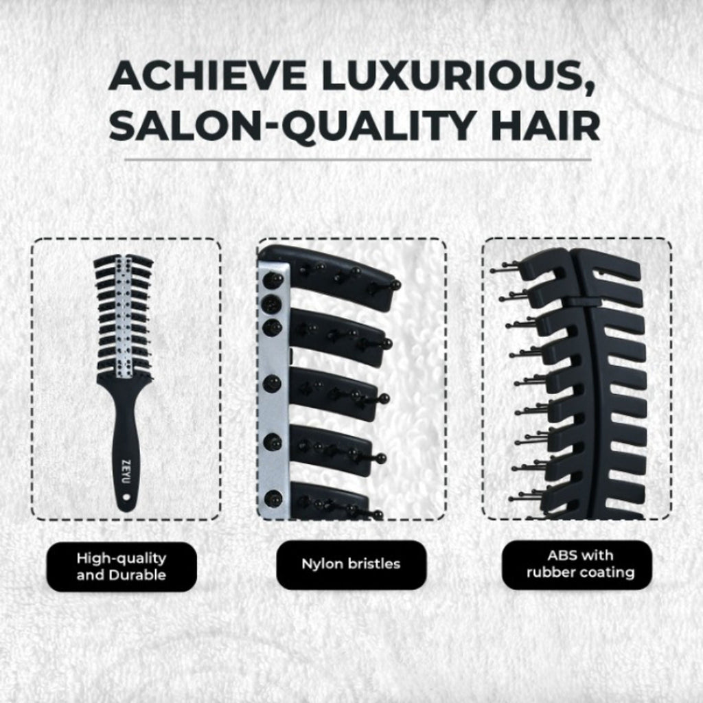 ZEYU Vented HairBrush With Metal Plate & Bristles- Black Silver