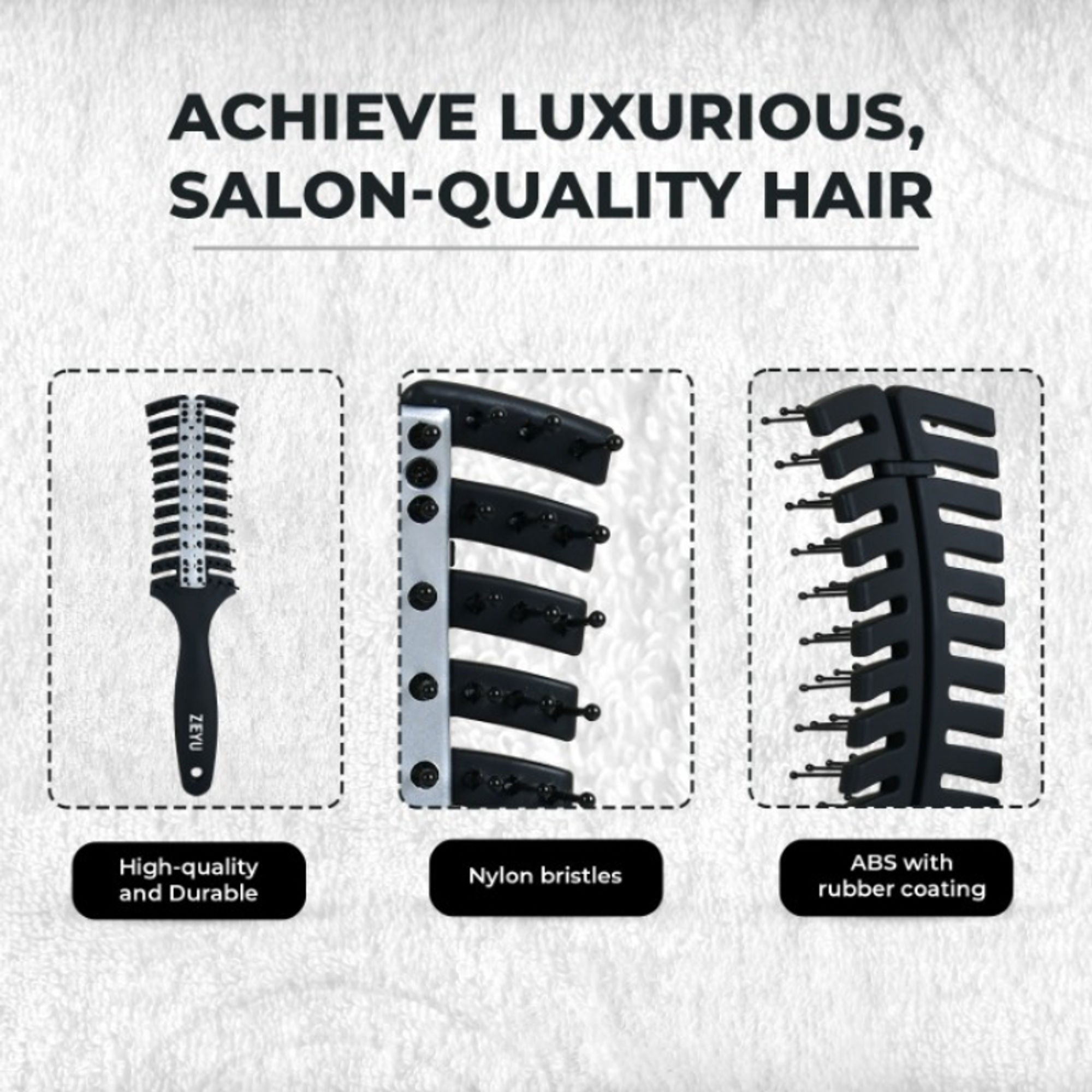 ZEYU Vented HairBrush With Metal Plate & Bristles- Black Silver