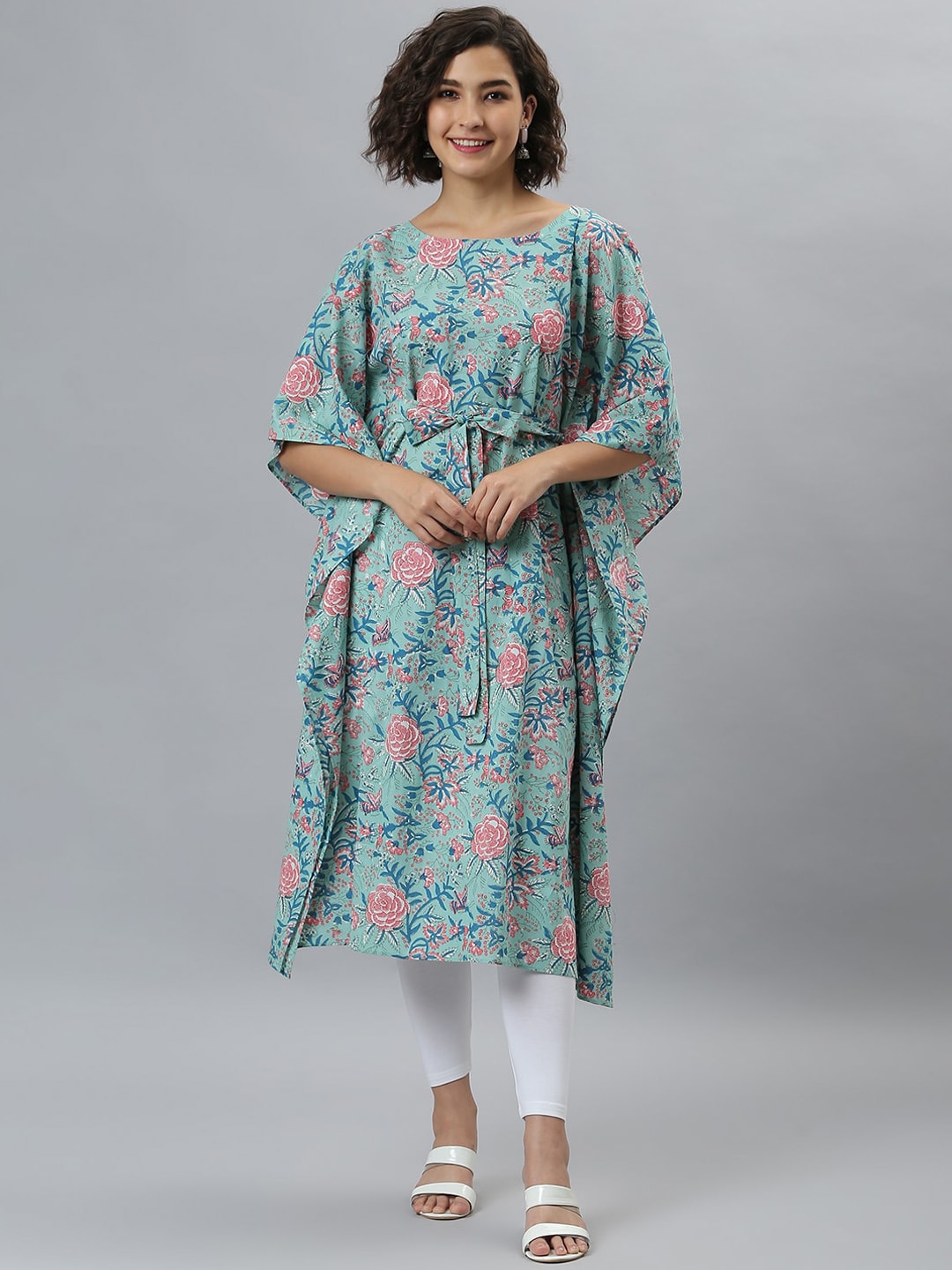 Janasya Sea Green Floral Printed Kaftan Kurta - Distacart