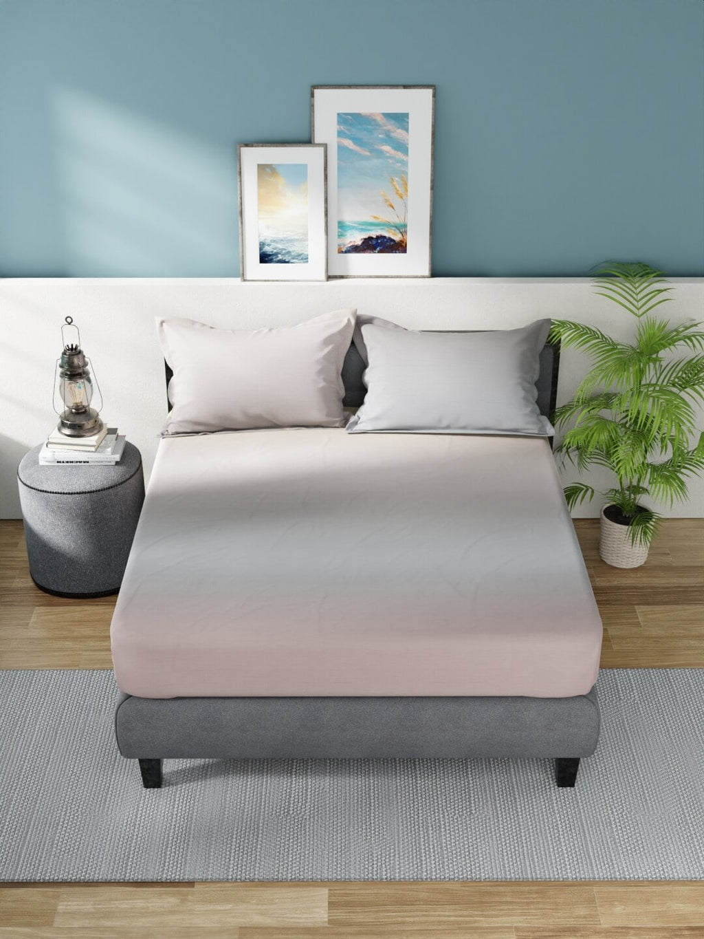 Nautica Grey & Pink 160 TC King Bedsheet With 2 Pillow Covers