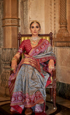 Silver Grey Banarasi Weaving, Ultra Aqua Finish, Zari Work Banarasi Silk Saree - Rath Kunti