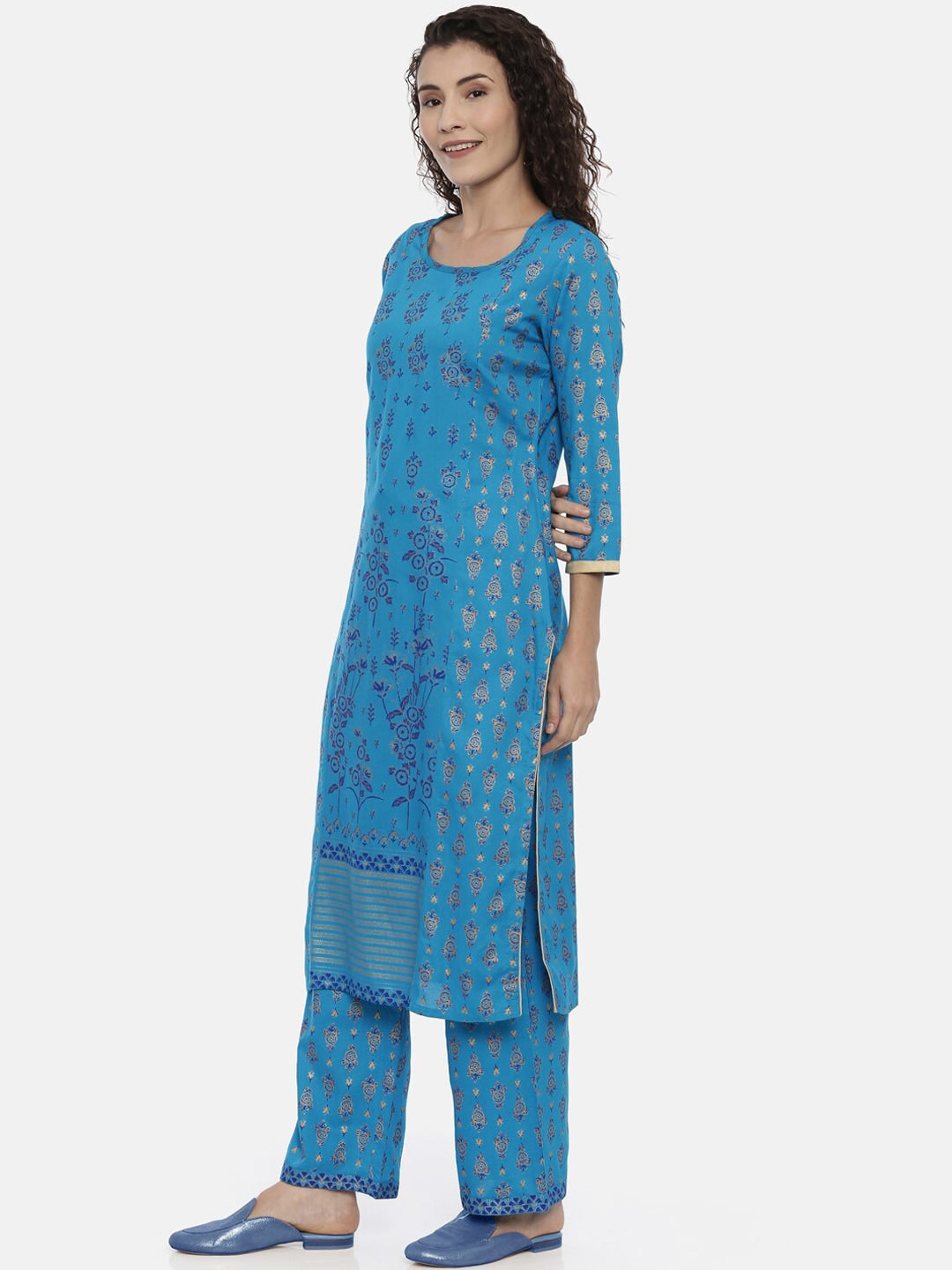 Souchii Turquoise Blue & Gold-Toned Floral Print Kurta with Palazzos - Distacart