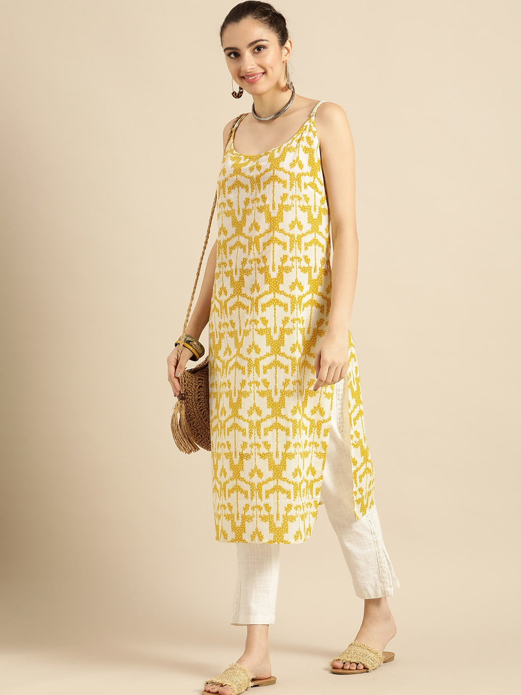 Sangria Women Mustard Yellow & Yellow Printed Cotton Kurta