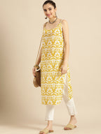Sangria Women Mustard Yellow & Yellow Printed Cotton Kurta