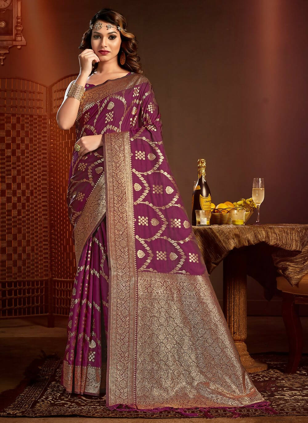 Purple Silk Ethnic Motif Woven Design Saree with Unstitched Blouse Piece - Aachal