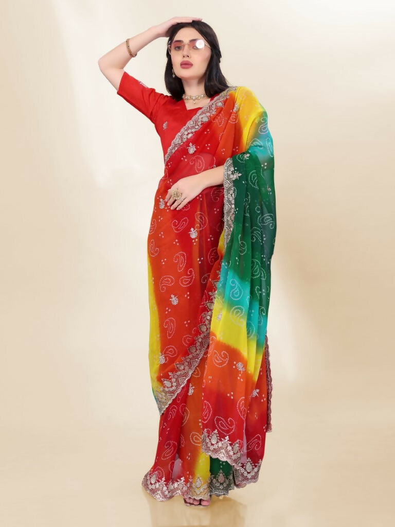 Green Georgette Bandhani Printed,Embroidery Work Saree - Bandhan