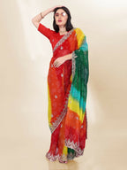 Green Georgette Bandhani Printed,Embroidery Work Saree - Bandhan