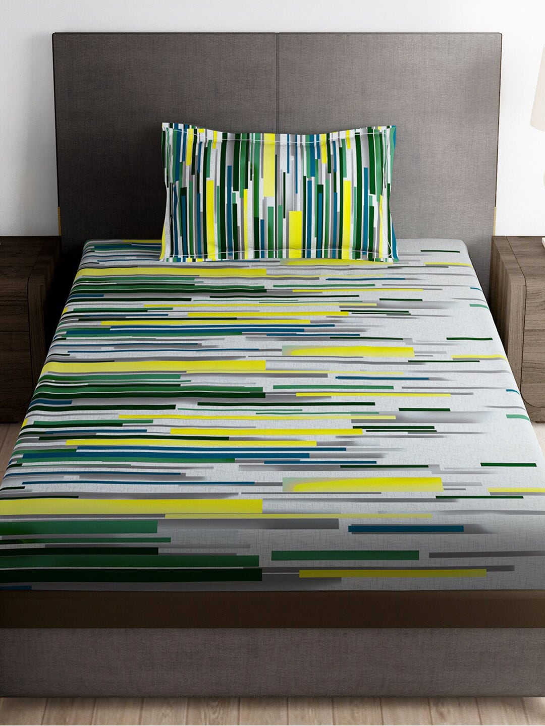 Story@home Grey & White Striped Microfiber 180 TC Bedsheet With Pillow Cover