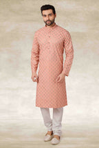 Raivat Ethnic Cotton Printed Work Kurta Pajama In Peach Colour
