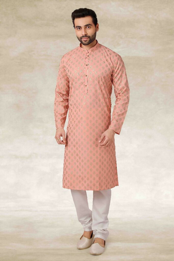 Raivat Ethnic Cotton Printed Work Kurta Pajama In Peach Colour