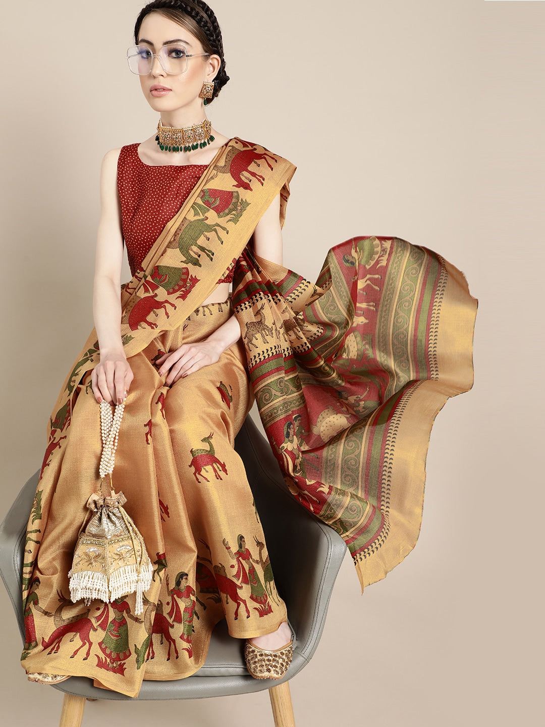 Saree Mall Saree Mall Creamy Mustard and Red Art Silk Saree