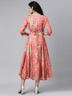 Souchii Pink & Green Floral Layered A-Line Midi Dress - Distacart