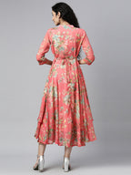 Souchii Women Pink & Green Floral Layered A-Line Midi Dress - Distacart
