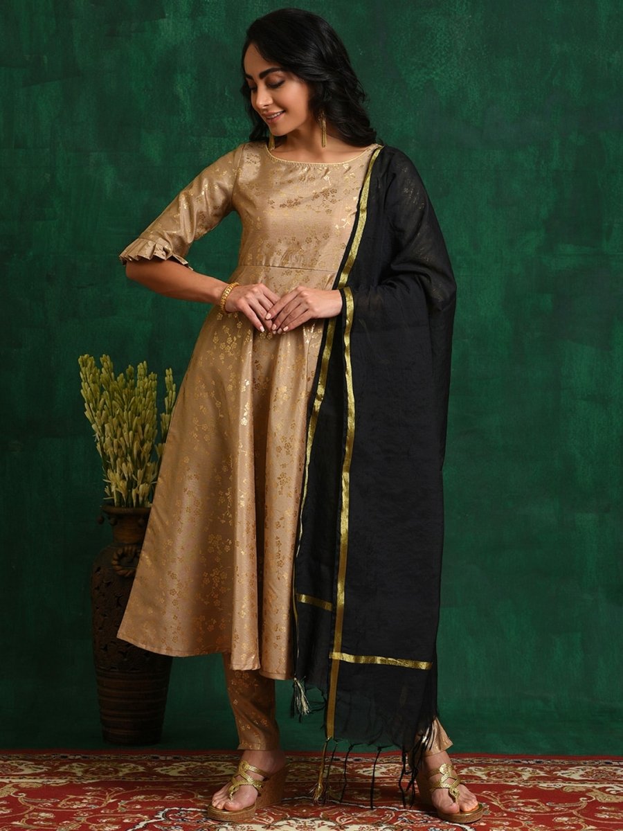 Aks Floral Printed Zari Anarkali Kurta With Trousers & Dupatta