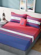 Nautica Bradford Red & Blue Striped 160 TC Pure Cotton King Bedsheet & 2 Pillow Covers