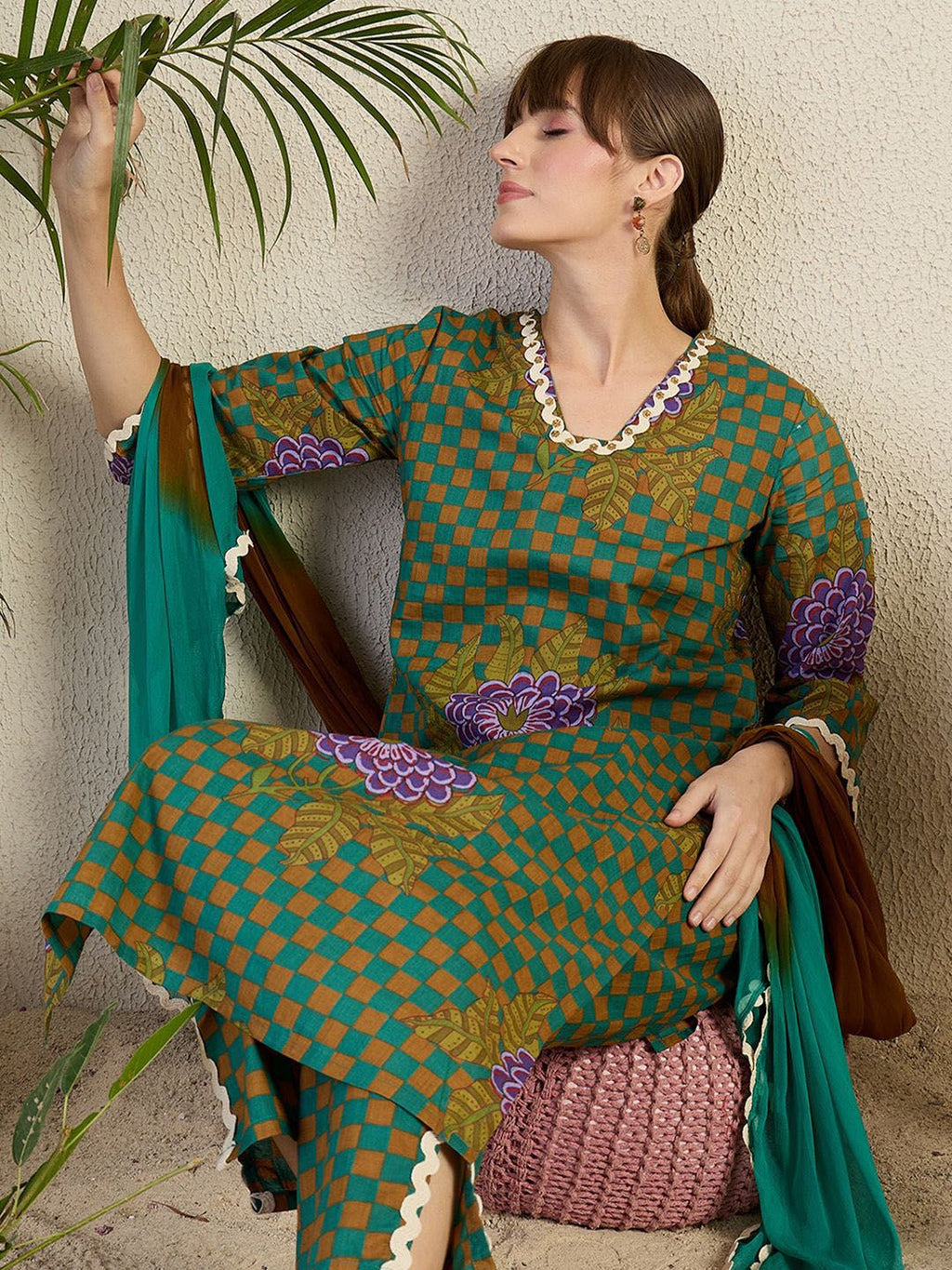 Indo Era Women Floral Printed Regular Beads and Stones Kurta with Trousers & With Dupatta - Distacart