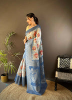 Joban Fashion Sky Blue Floral Motifs Banarasi Silk Sarees