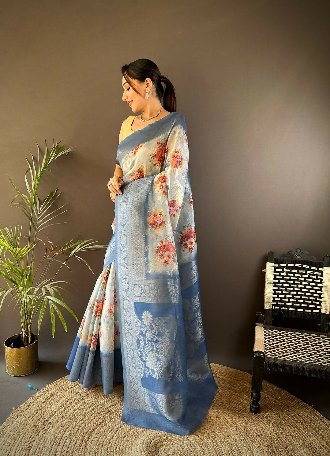 Joban Fashion Sky Blue Floral Motifs Banarasi Silk Sarees
