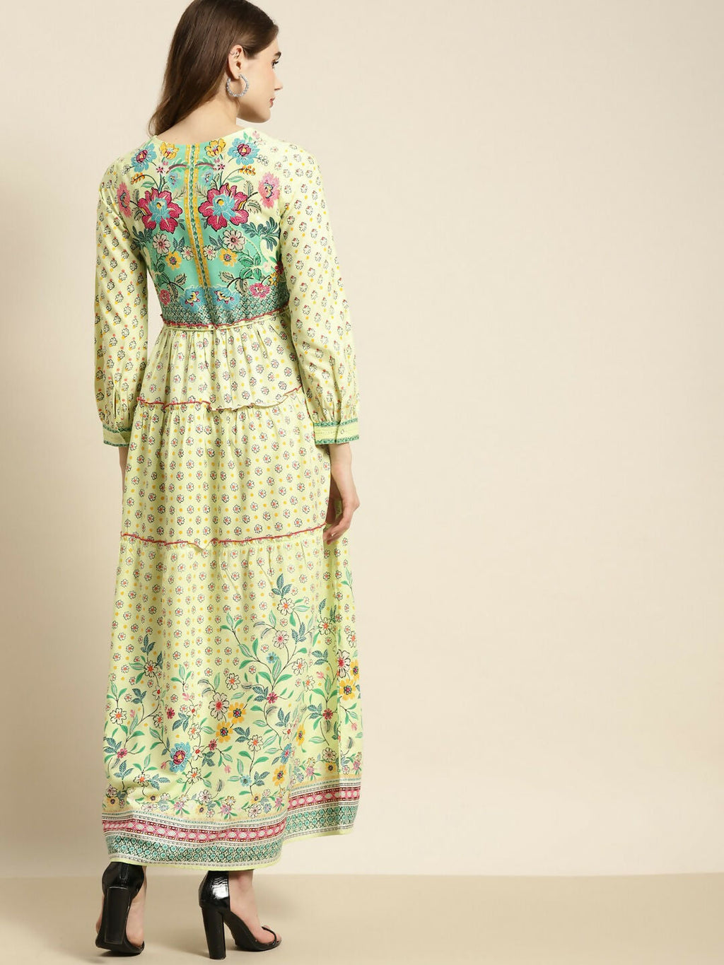 Juniper Lime Green Floral Printed Rayon Maxi Dress With Dori Tie-Up & Tassels On Waist - Distacart
