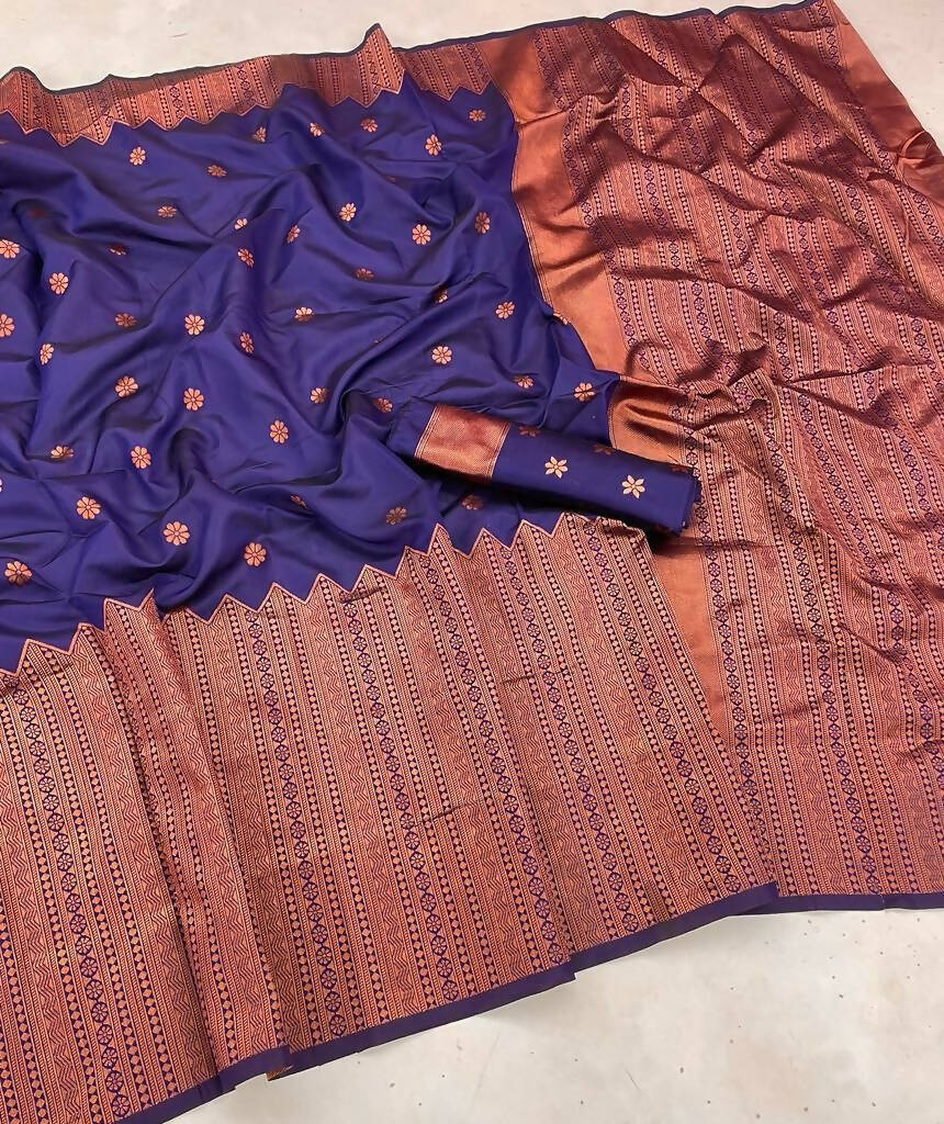 DEIANA'S Beautiful Designer Golden zari Soft Lichi Silk Saree - Navy Blue