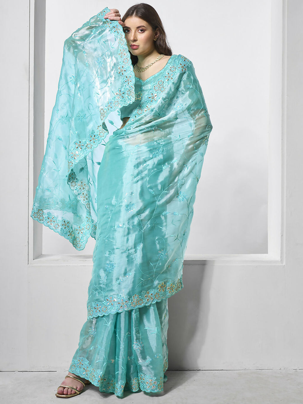 Blue Burburry silk Designer Embroidery Work Saree - Shezlin