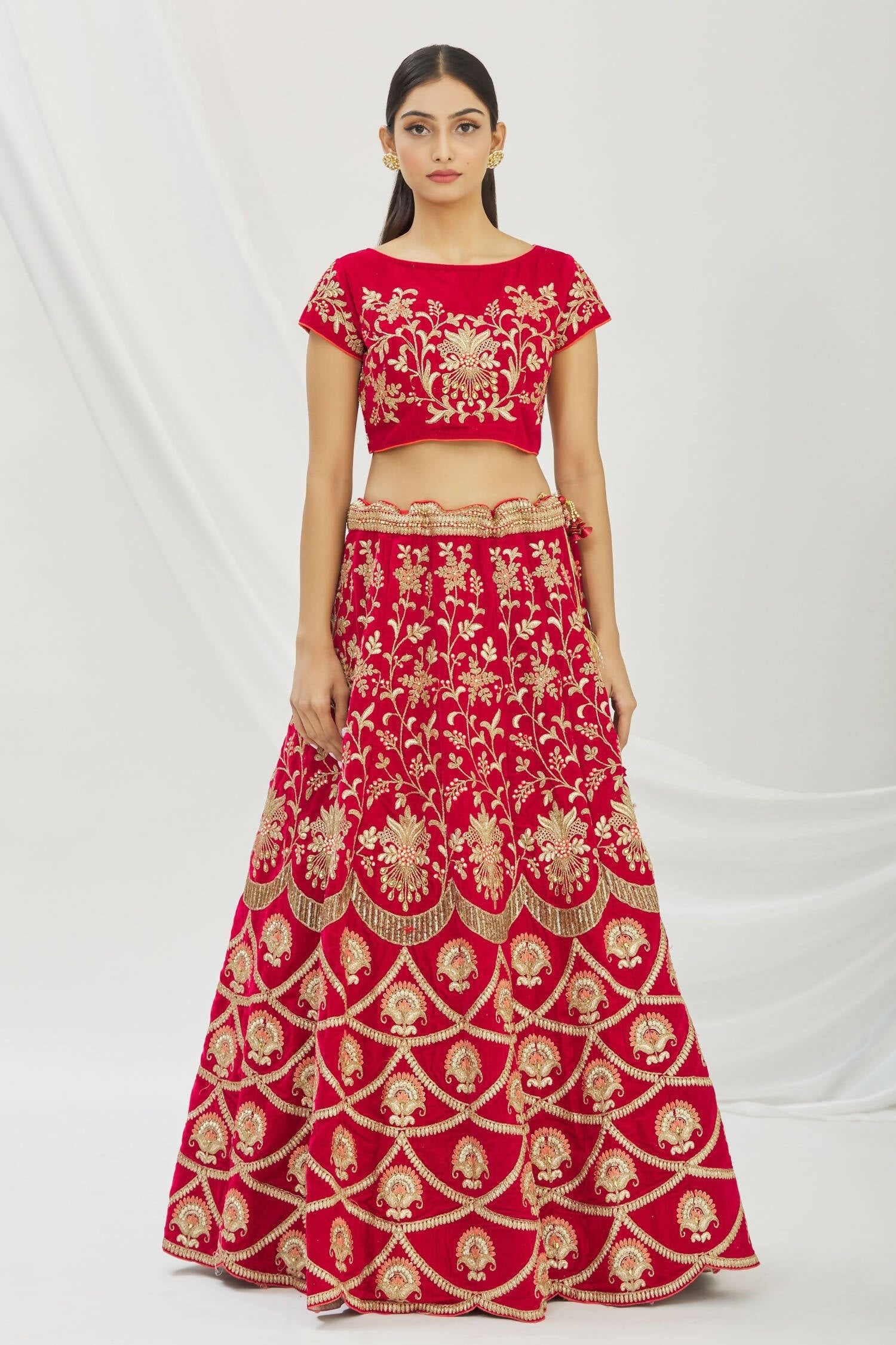 Red Velvet Semi-Stitched Wedding Bridal Lehenga - Nimaya