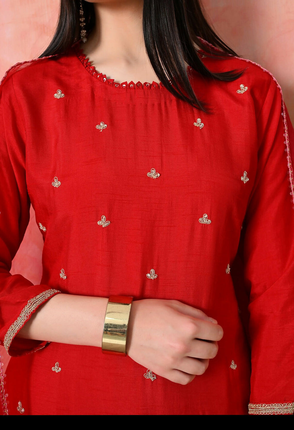 Joban Fashion Red Premium Pure Viscose Print Dola With Handwork Kurta Set
