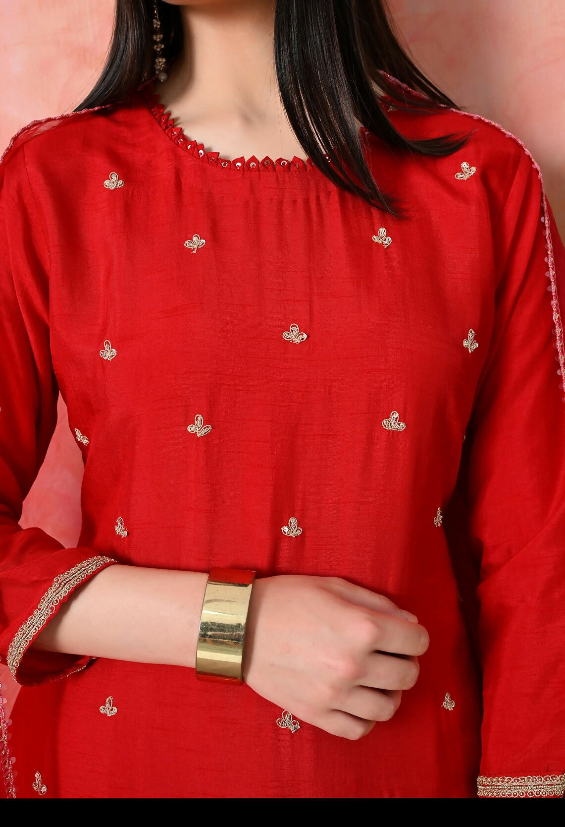 Joban Fashion Red Premium Pure Viscose Print Dola With Handwork Kurta Set