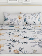 haus & kinder White & Grey Floral 186 TC Pure Cotton King Bedsheet & 2 Pillow Covers - Distacart