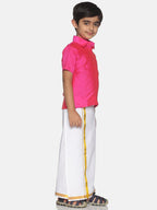 Sethukrishna Boys Pink & White Solid Shirt and Veshti