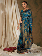 Sangria Blue Floral Woven Design Zari Kanjeevaram Saree - Distacart