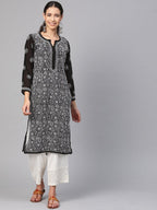 ADA Women Black & White Chikankari Hand Embroidered Semi-Sheer Straight Sustainable Handloom Kurta