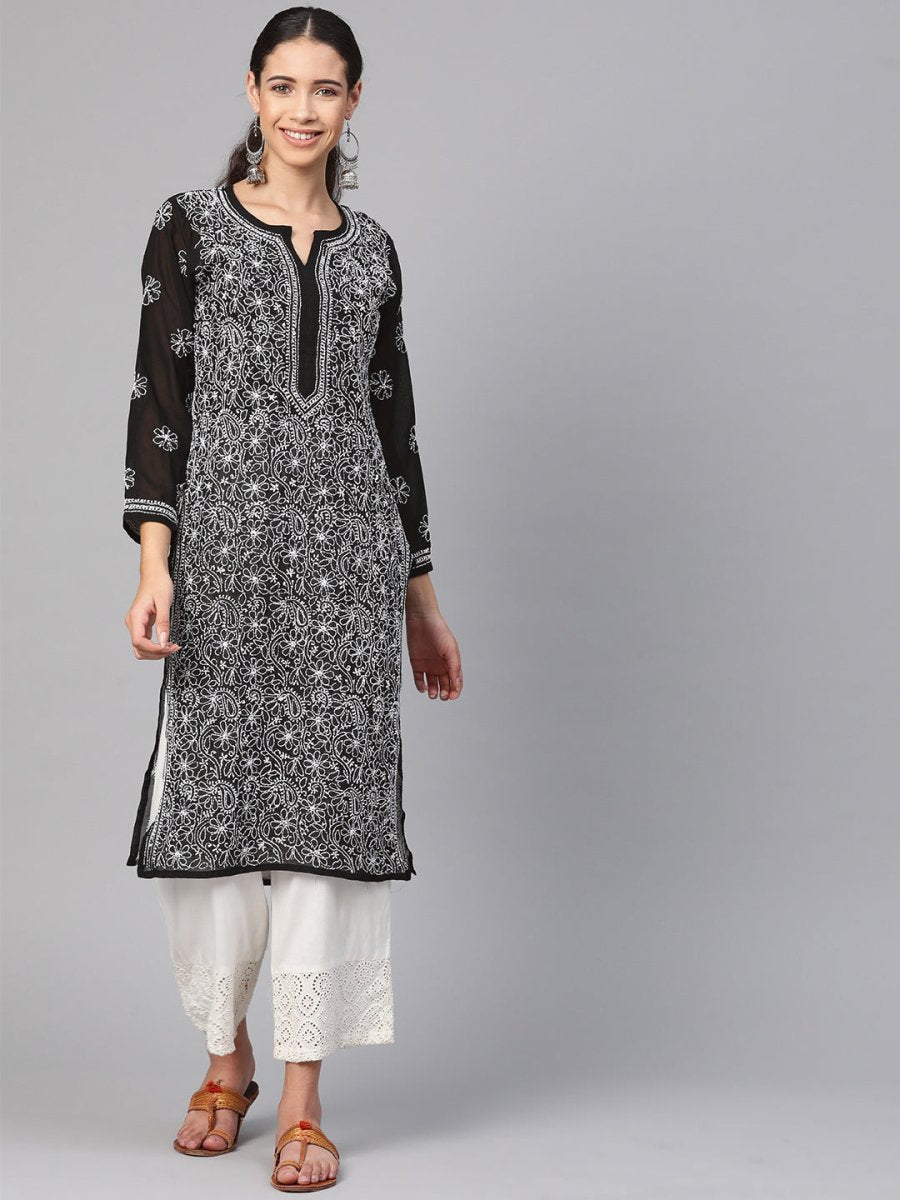 ADA Women Black & White Chikankari Hand Embroidered Semi-Sheer Straight Sustainable Handloom Kurta